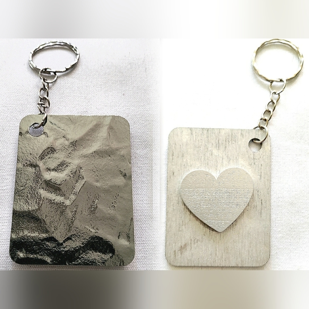 NEW Handmade Keychain Bag Tag! Steel Muro. Silver Wood Heart. Unisex.